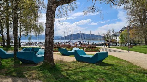 Mehrere Enzos in Türkis stehen auf einer Grünfläche unter Bäumen, mit Blick auf einen See mit Segelbooten und einem Hafen in einer landschaftlich geprägten Umgebung.