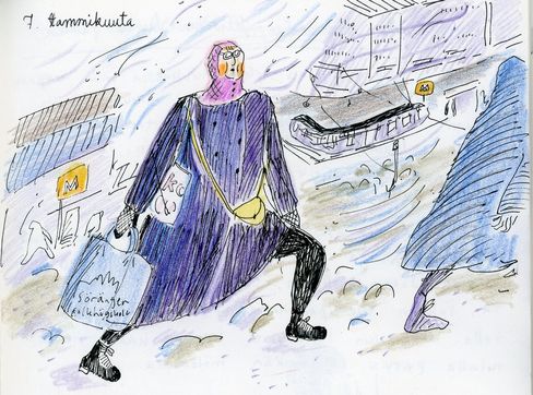 Woman wearing headscarf and glasses carrying shopping bags in a busy rainy city with subway signs.