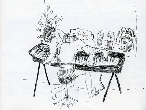 Black-and-white line drawing of a person sitting at a keyboard with their head resting on the keys, surrounded by speakers and plants.