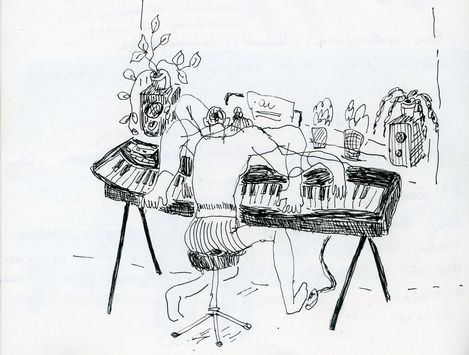 Black-and-white line drawing of a person sitting at a keyboard with their head resting on the keys, surrounded by speakers and plants.