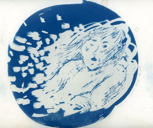 Linocut of a woman with long hair inside a circle surrounded by scattered abstract shapes.