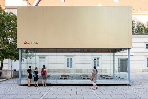 Visitors observe the installation in the MQ Art Box through the glass façade.