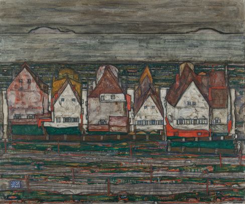 Expressionist painting of a row of angular, abstract houses under a gray sky. The muted colors and sharp lines evoke a somber, moody atmosphere.