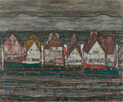Expressionist painting of a row of angular, abstract houses under a gray sky. The muted colors and sharp lines evoke a somber, moody atmosphere.