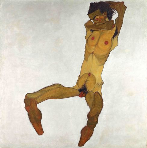 A stylized painting of a nude figure mid-motion, with limbs bent in dynamic angles against a pale background, conveying tension and movement.