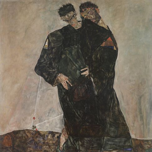 Two figures, intertwined, in dark, flowing robes stand on a textured surface. Their expressions are somber, conveying a sense of intimacy and melancholy.