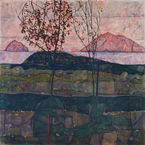 The painting shows trees with bare branches and autumn leaves, set against a mountain landscape. The scene is bathed in a pink and purple twilight, evoking a tranquil mood.