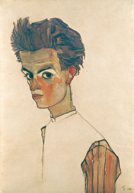 A stylized portrait of a person with exaggerated features, including large eyes and untamed hair. They wear a striped shirt, facing sideways with an intense gaze. Moody tone.